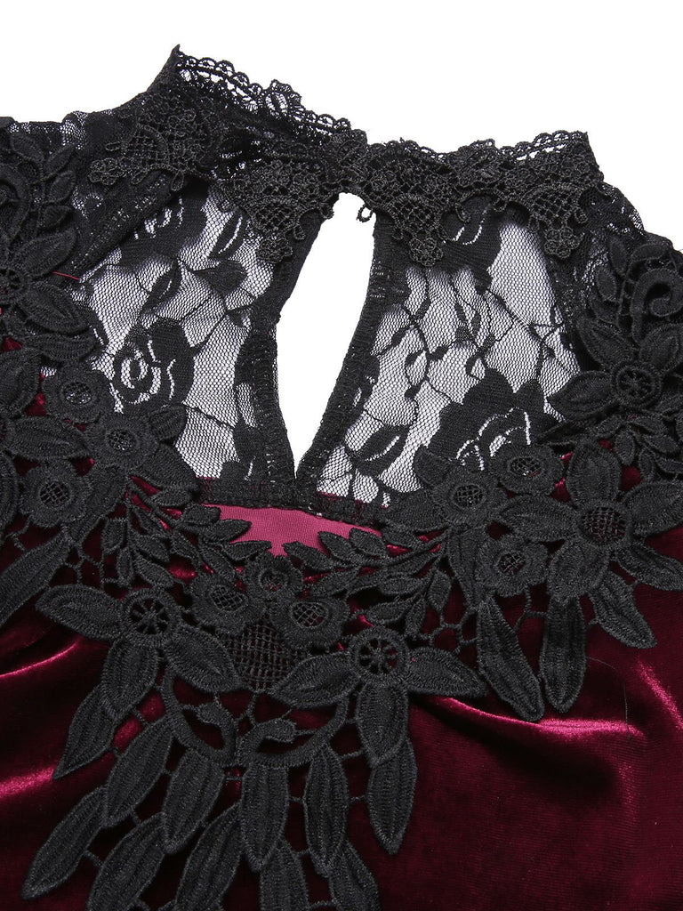 Robe de Costume D'Halloween à Manches Longues et Col en V avec Dentelle et Fente Latérale