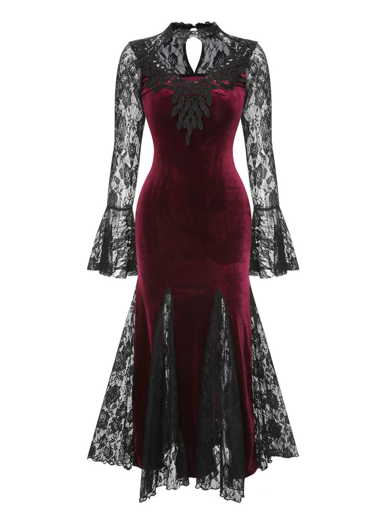 Robe de Costume D'Halloween à Manches Longues et Col en V avec Dentelle et Fente Latérale