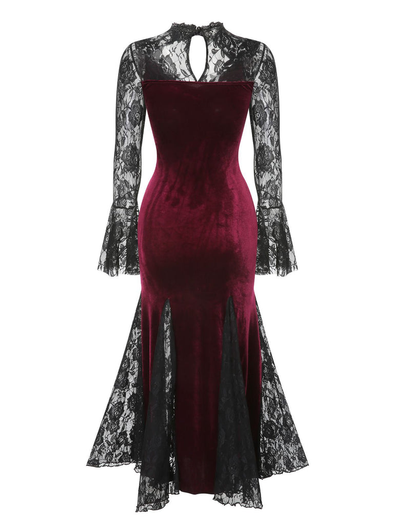 Robe de Costume D'Halloween à Manches Longues et Col en V avec Dentelle et Fente Latérale