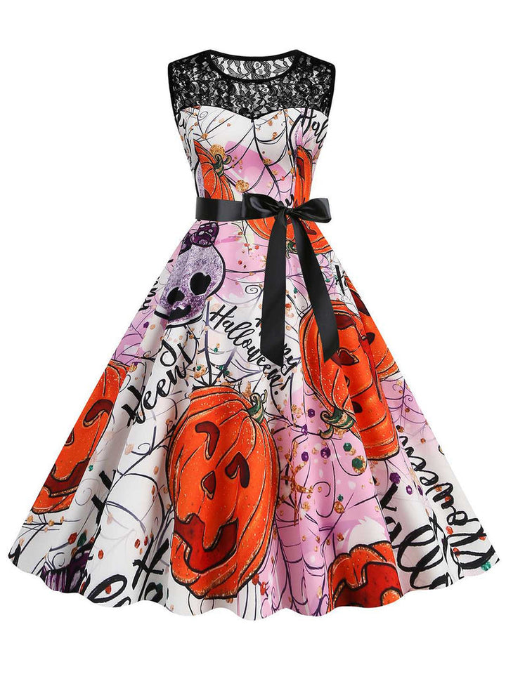 Robe de Costume D'Halloween à Col Rond Sans Manches, Coupe A-Line/Princess, Longueur Genou, avec Nœud Papillon