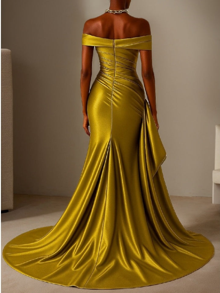 Robe soirée sirène manches tombantes, sans manches, volants, longueur sol