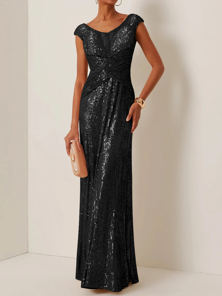 Robe de Soirée Gaine/Colonne Col Rond à Paillettes Sans Manches Longueur au Sol
