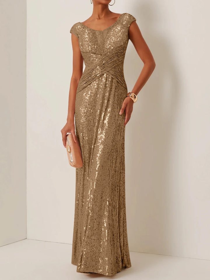 Robe de Soirée Gaine/Colonne Col Rond à Paillettes Sans Manches Longueur au Sol