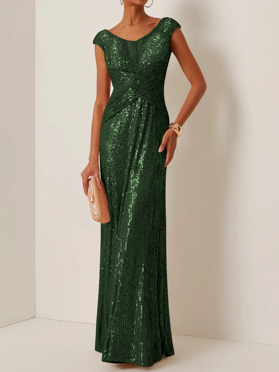 Robe de Soirée Gaine/Colonne Col Rond à Paillettes Sans Manches Longueur au Sol