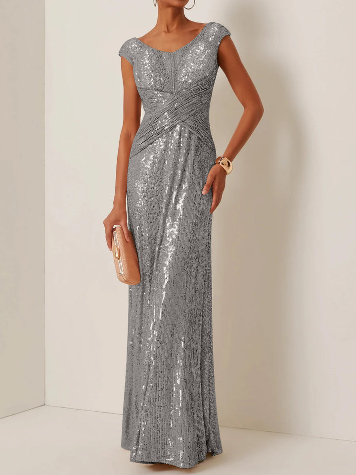 Robe de Soirée Gaine/Colonne Col Rond à Paillettes Sans Manches Longueur au Sol