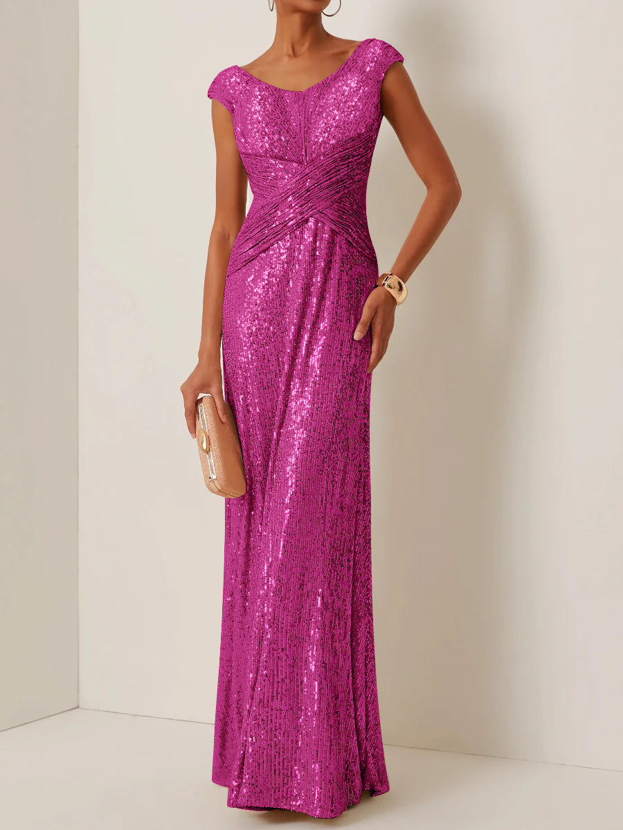 Robe de Soirée Gaine/Colonne Col Rond à Paillettes Sans Manches Longueur au Sol