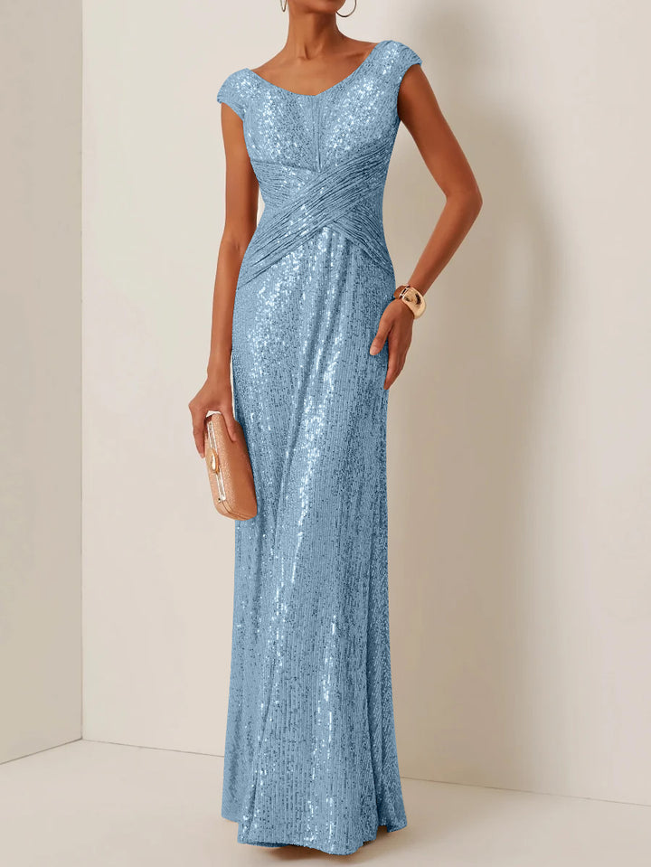 Robe de Soirée Gaine/Colonne Col Rond à Paillettes Sans Manches Longueur au Sol