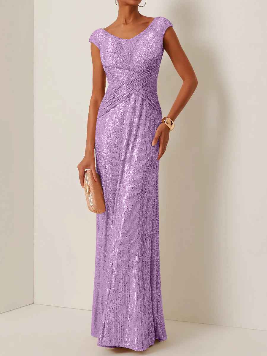 Robe de Soirée Gaine/Colonne Col Rond à Paillettes Sans Manches Longueur au Sol