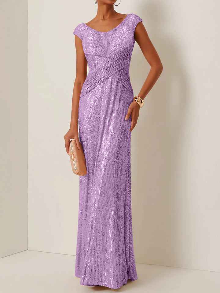 Robe de Soirée Gaine/Colonne Col Rond à Paillettes Sans Manches Longueur au Sol