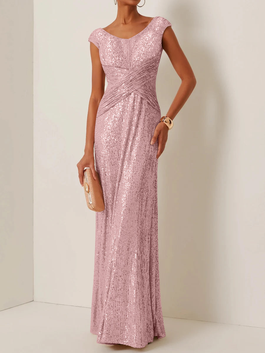 Robe de Soirée Gaine/Colonne Col Rond à Paillettes Sans Manches Longueur au Sol