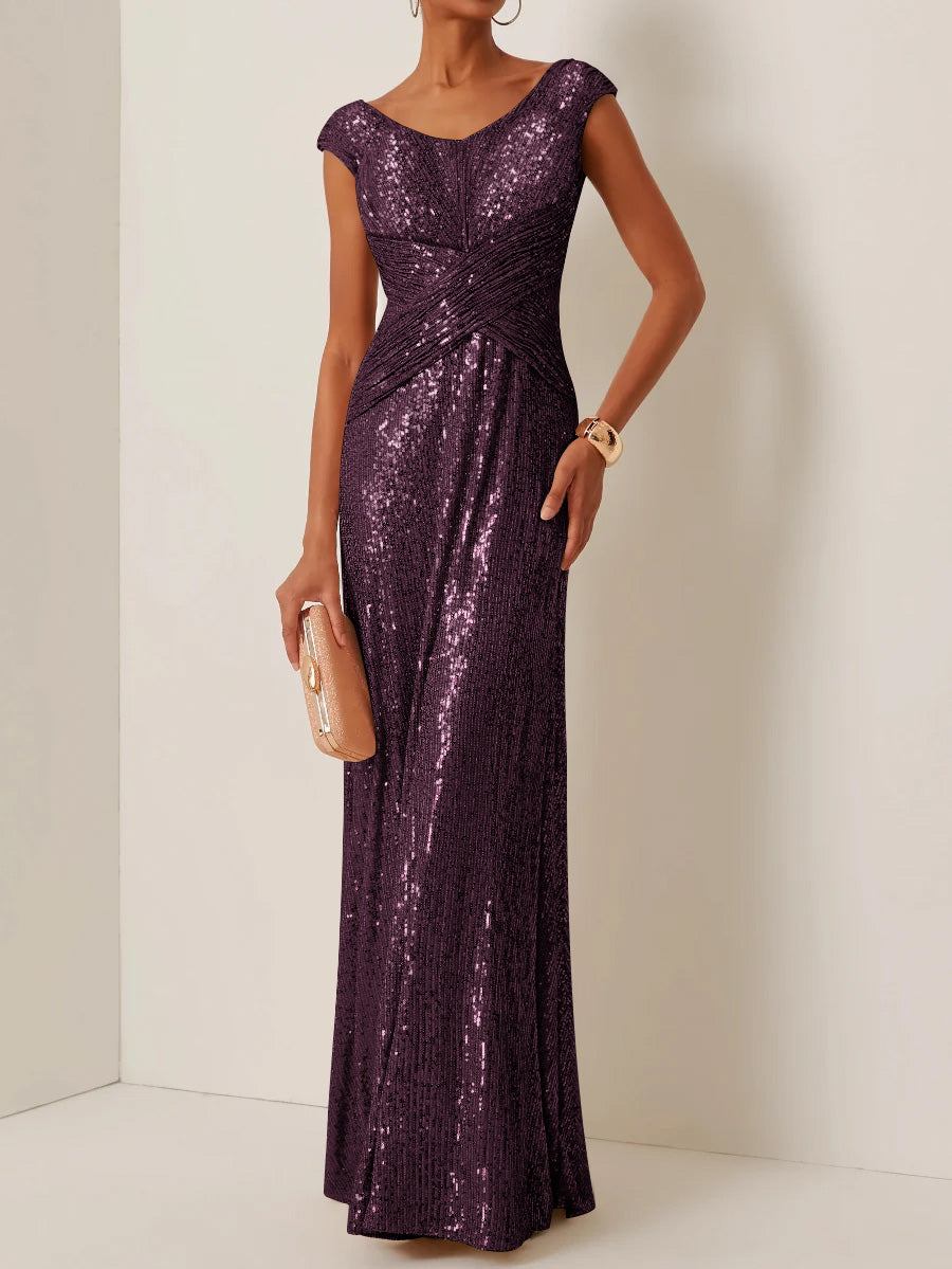 Robe de Soirée Gaine/Colonne Col Rond à Paillettes Sans Manches Longueur au Sol