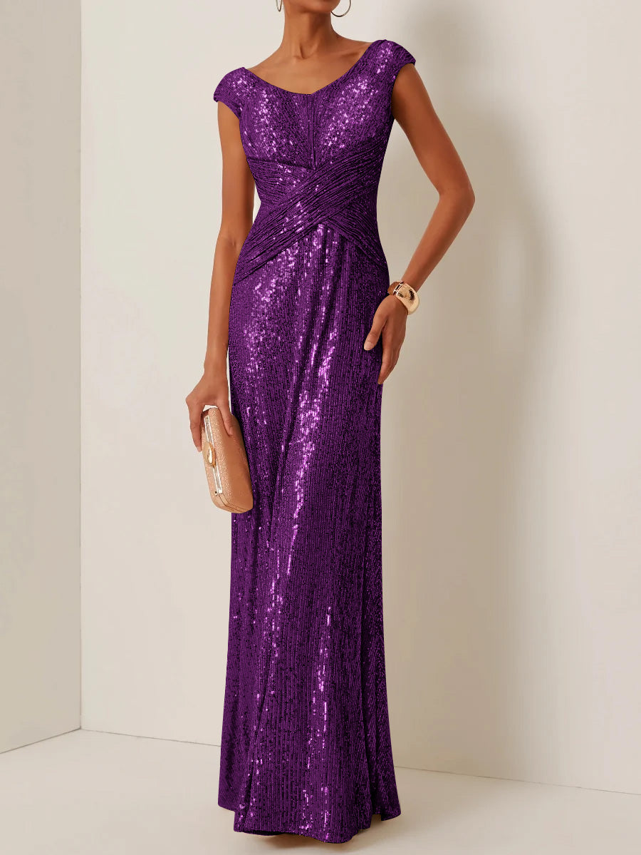 Robe de Soirée Gaine/Colonne Col Rond à Paillettes Sans Manches Longueur au Sol
