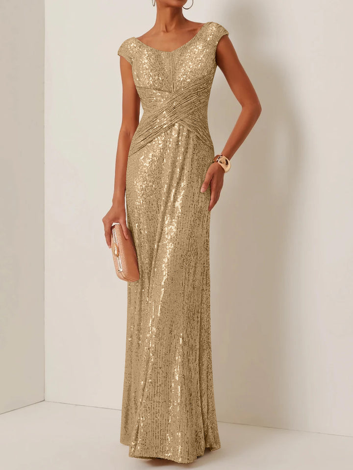 Robe de Soirée Gaine/Colonne Col Rond à Paillettes Sans Manches Longueur au Sol
