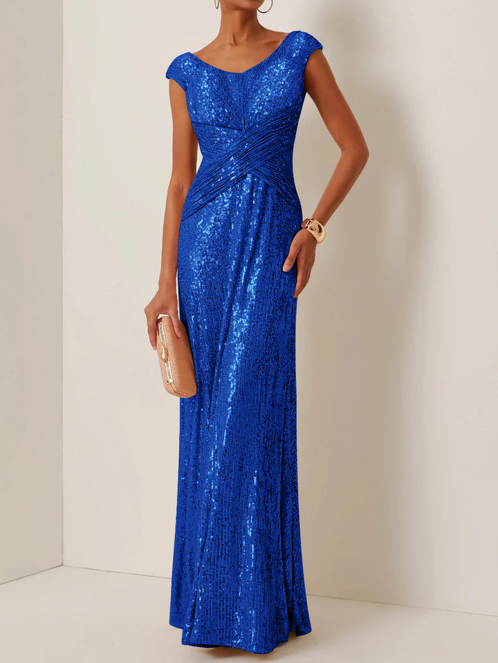 Robe de Soirée Gaine/Colonne Col Rond à Paillettes Sans Manches Longueur au Sol