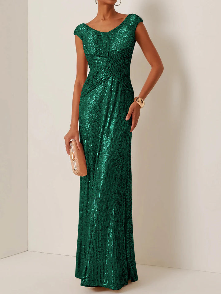 Robe de Soirée Gaine/Colonne Col Rond à Paillettes Sans Manches Longueur au Sol