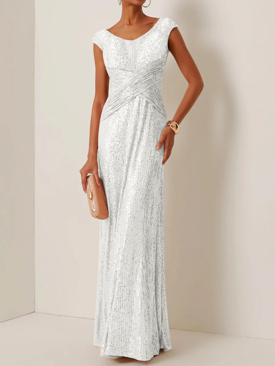 Robe de Soirée Gaine/Colonne Col Rond à Paillettes Sans Manches Longueur au Sol
