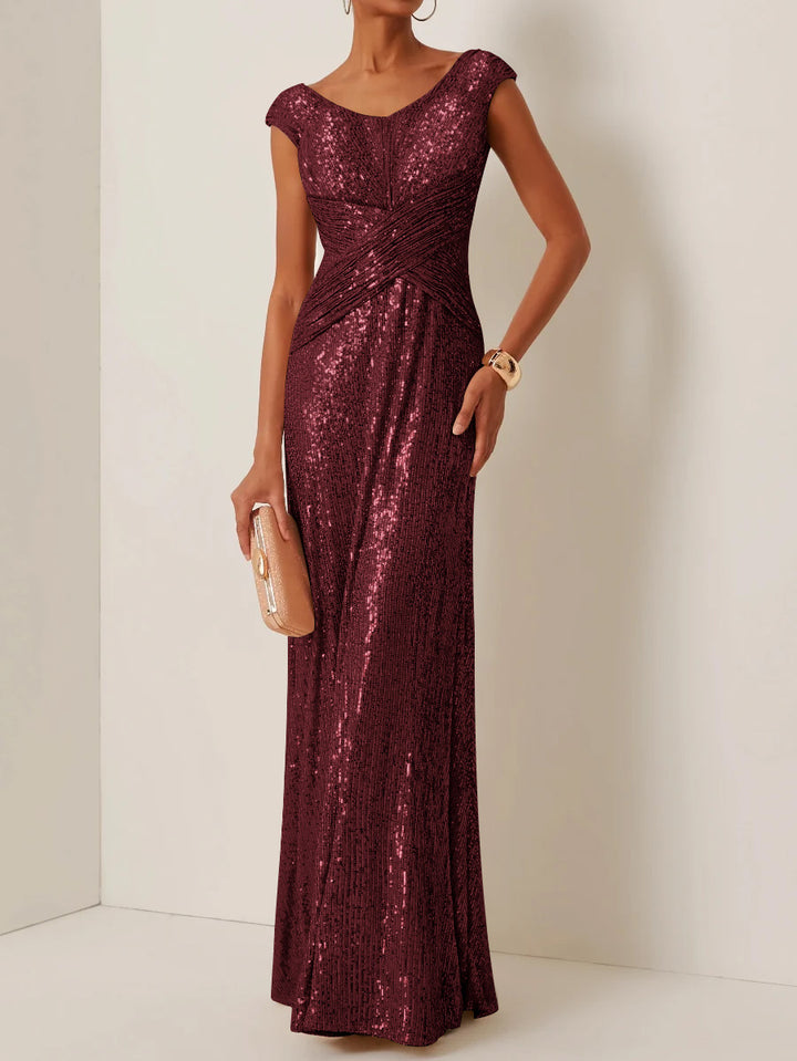 Robe de Soirée Gaine/Colonne Col Rond à Paillettes Sans Manches Longueur au Sol