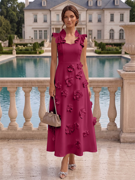 Robe cocktail en Satin Élastique, Ligne A/Princesse, Col en V, Fleurs 3D, Sans Manches, Longueur du Thé, Petite Robe Blanche formelle