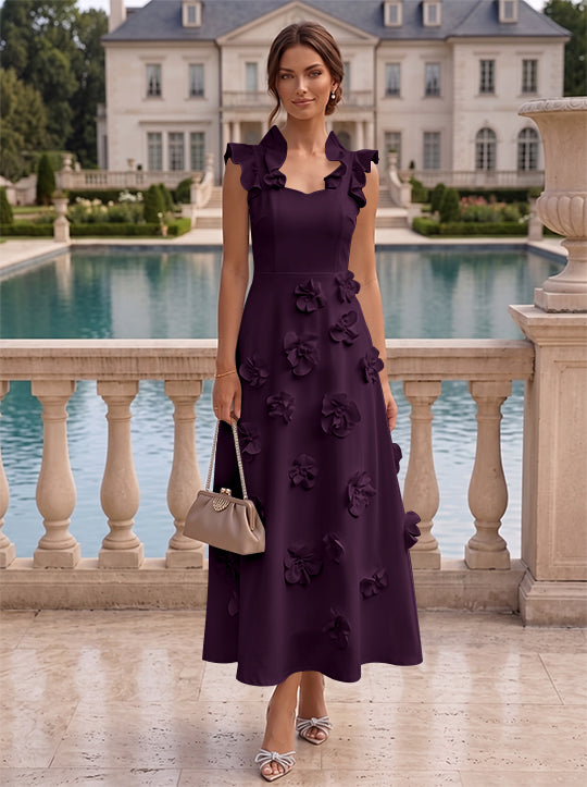 Robe cocktail en Satin Élastique, Ligne A/Princesse, Col en V, Fleurs 3D, Sans Manches, Longueur du Thé, Petite Robe Blanche formelle