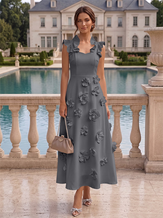 Robe cocktail en Satin Élastique, Ligne A/Princesse, Col en V, Fleurs 3D, Sans Manches, Longueur du Thé, Petite Robe Blanche formelle