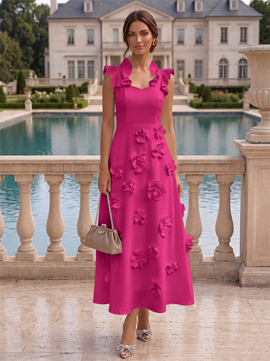 Robe cocktail en Satin Élastique, Ligne A/Princesse, Col en V, Fleurs 3D, Sans Manches, Longueur du Thé, Petite Robe Blanche formelle