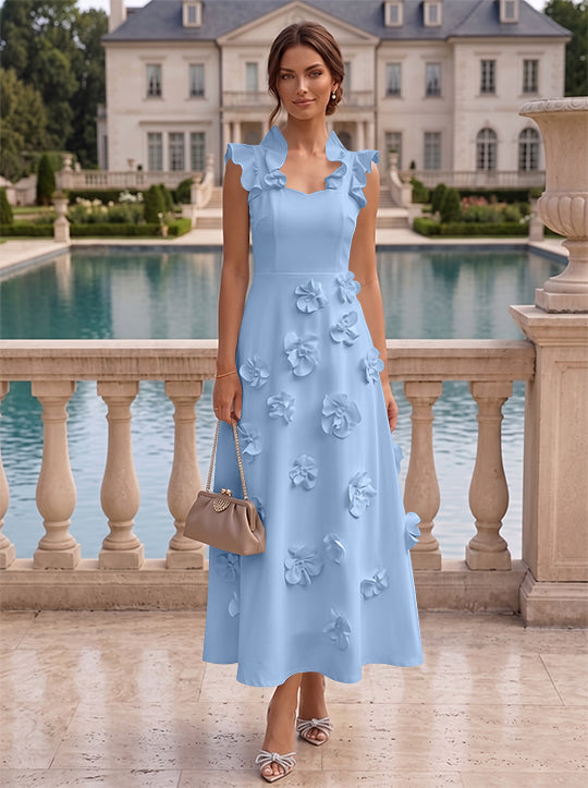 Robe cocktail en Satin Élastique, Ligne A/Princesse, Col en V, Fleurs 3D, Sans Manches, Longueur du Thé, Petite Robe Blanche formelle