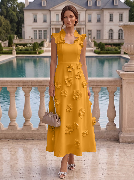 Robe cocktail en Satin Élastique, Ligne A/Princesse, Col en V, Fleurs 3D, Sans Manches, Longueur du Thé, Petite Robe Blanche formelle