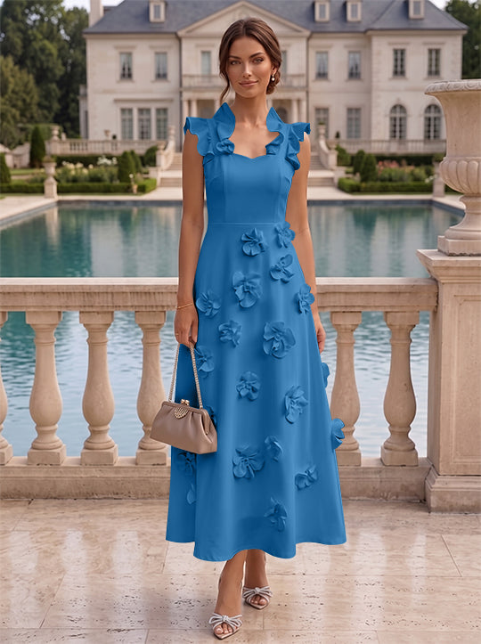 Robe cocktail en Satin Élastique, Ligne A/Princesse, Col en V, Fleurs 3D, Sans Manches, Longueur du Thé, Petite Robe Blanche formelle