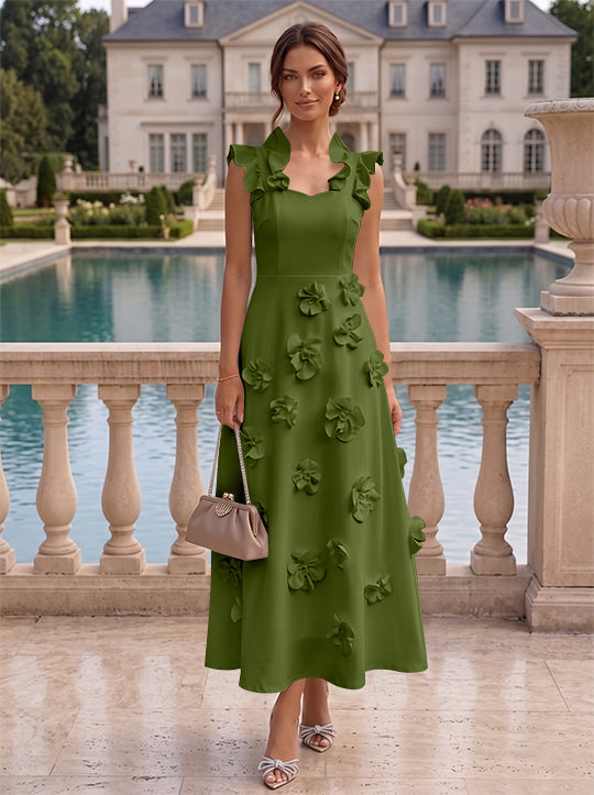 Robe cocktail en Satin Élastique, Ligne A/Princesse, Col en V, Fleurs 3D, Sans Manches, Longueur du Thé, Petite Robe Blanche formelle