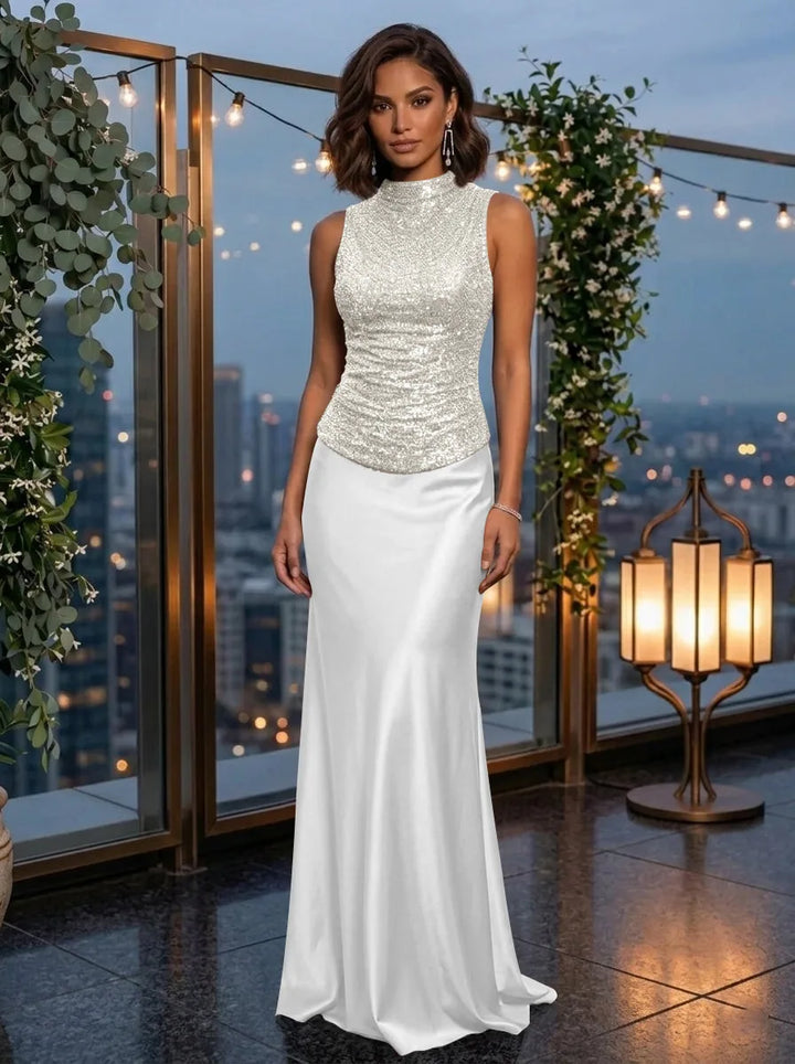 Robe de Soirée Gaine/Colonne Col Montant Sans Manches  Longueur au Sol