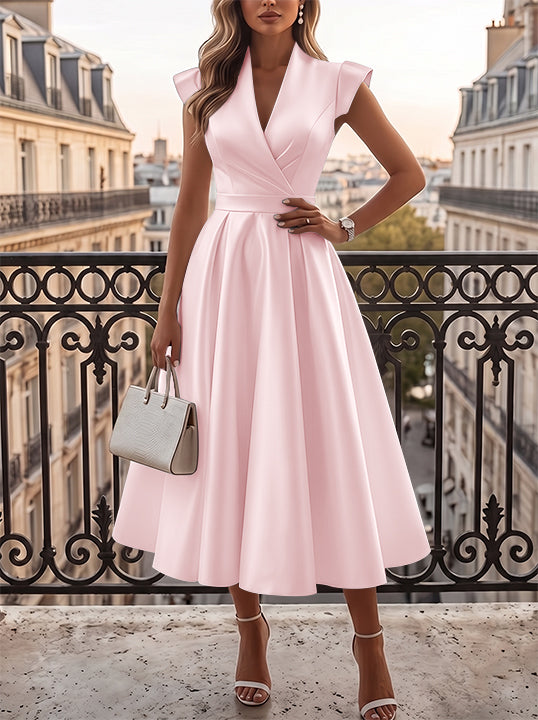 Ligne A/Princesse Col en V Satin Robe Cocktail Longueur du Thé Froncée Manches Cape Formelle