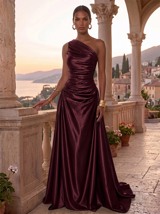 Robe de Soirée, Ligne A/Princesse, Une Épaule, Sans Manches, Longueur au Sol, Satin de Soie, Froncée