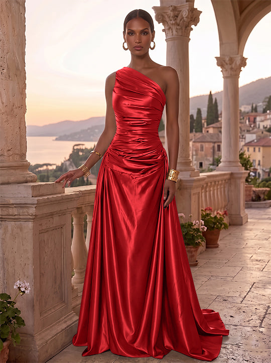 Robe de Soirée, Ligne A/Princesse, Une Épaule, Sans Manches, Longueur au Sol, Satin de Soie, Froncée