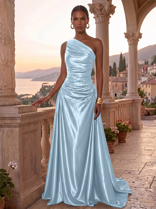 Robe de Soirée, Ligne A/Princesse, Une Épaule, Sans Manches, Longueur au Sol, Satin de Soie, Froncée