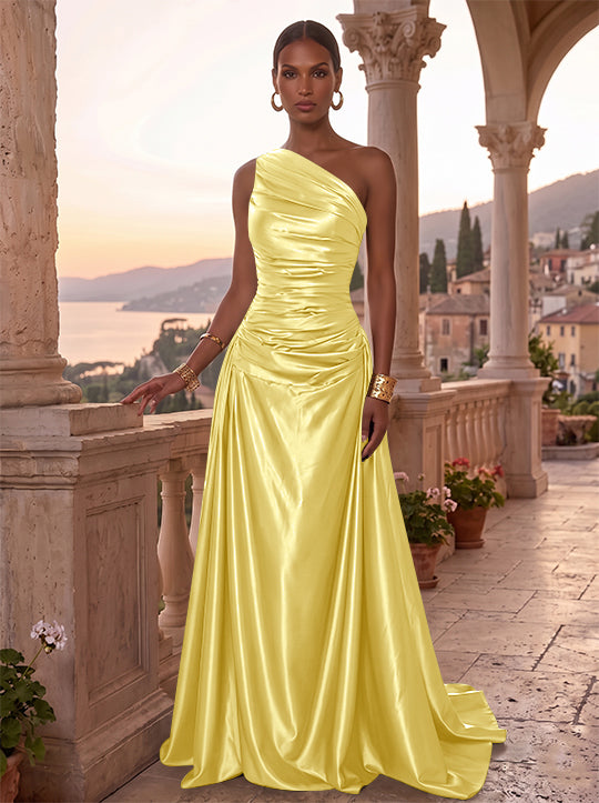Robe de Soirée, Ligne A/Princesse, Une Épaule, Sans Manches, Longueur au Sol, Satin de Soie, Froncée