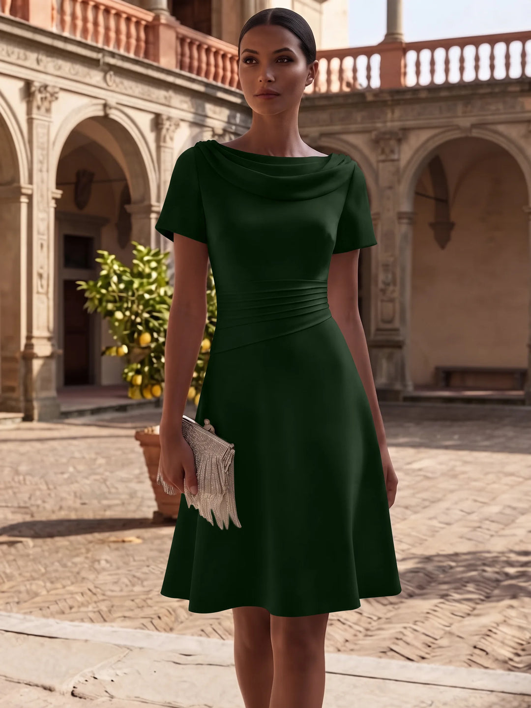 Robe de Cocktail Ligne A/Princesse en Satin Élastique Col Drapé Longueur Genou Froncée Manches Courtes