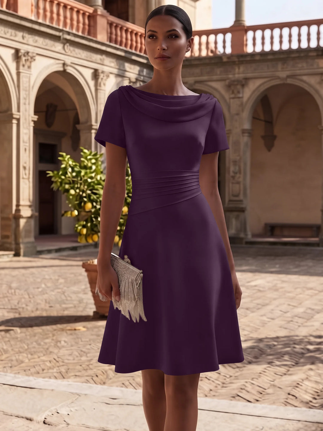 Robe de Cocktail Ligne A/Princesse en Satin Élastique Col Drapé Longueur Genou Froncée Manches Courtes