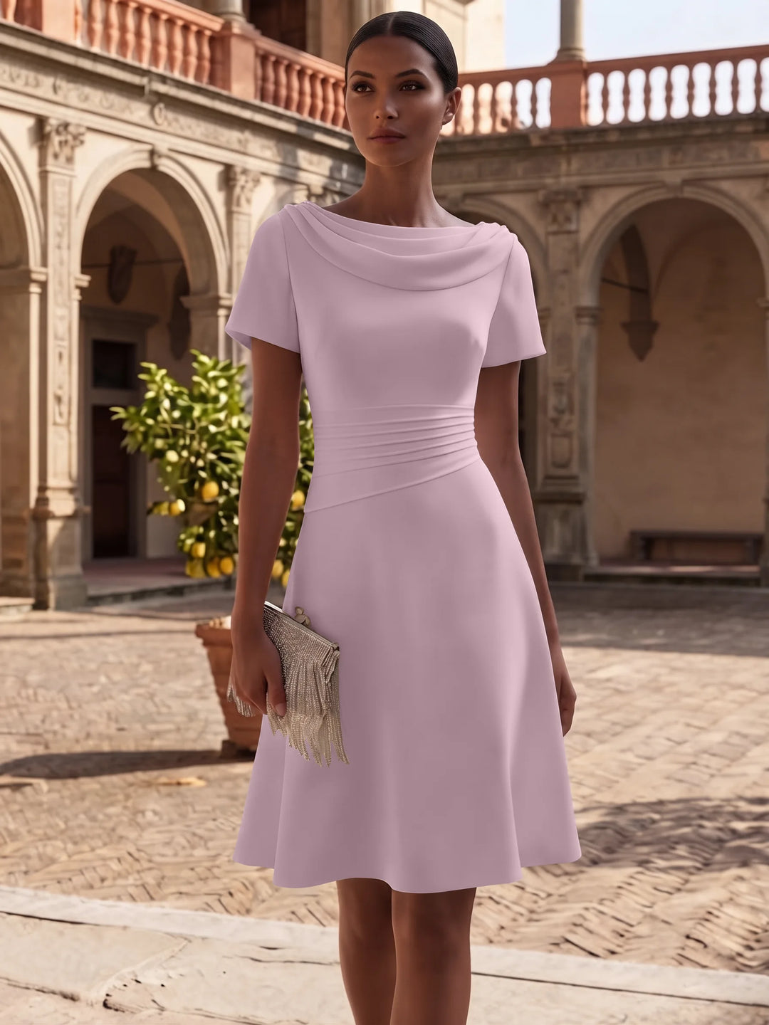 Robe de Cocktail Ligne A/Princesse en Satin Élastique Col Drapé Longueur Genou Froncée Manches Courtes