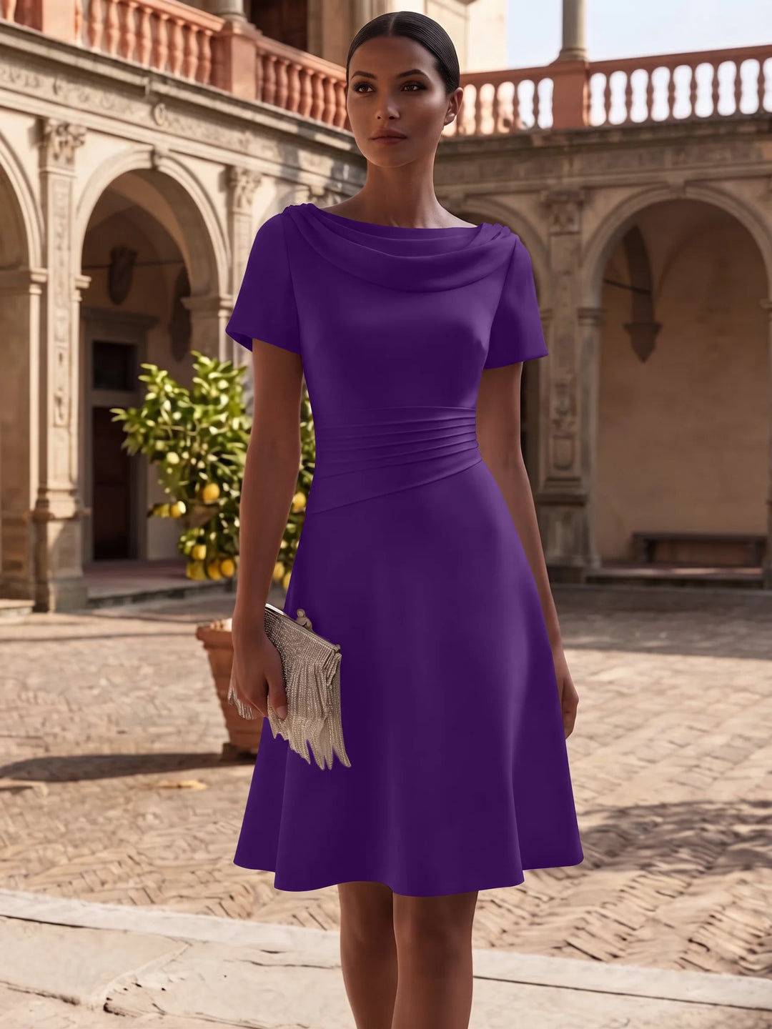 Robe de Cocktail Ligne A/Princesse en Satin Élastique Col Drapé Longueur Genou Froncée Manches Courtes