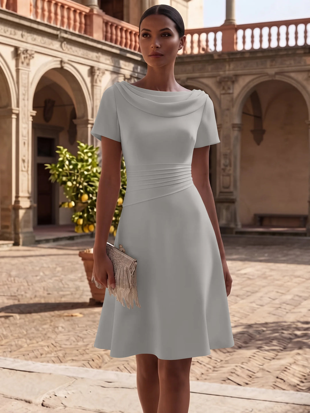 Robe de Cocktail Ligne A/Princesse en Satin Élastique Col Drapé Longueur Genou Froncée Manches Courtes