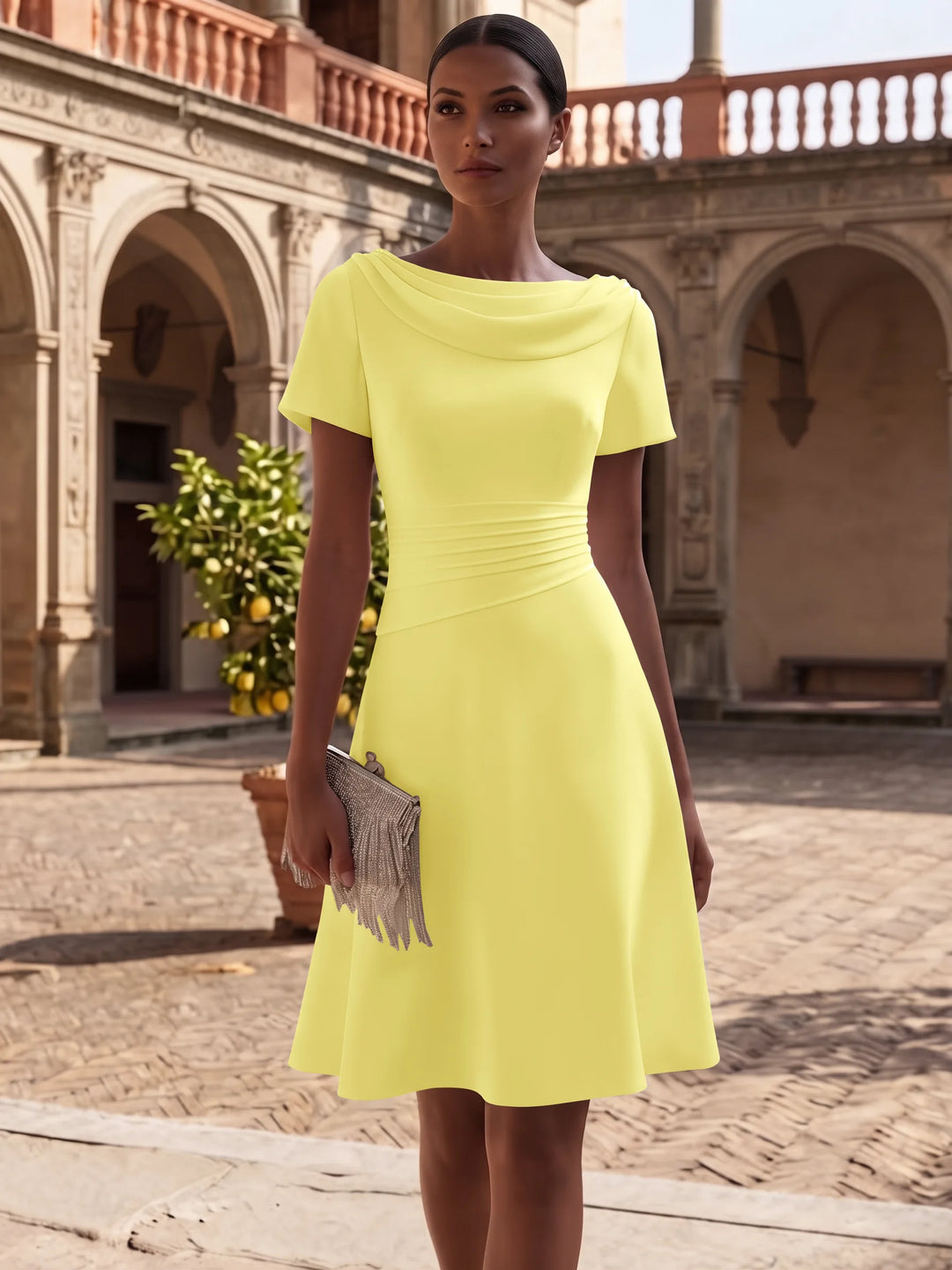 Robe de Cocktail Ligne A/Princesse en Satin Élastique Col Drapé Longueur Genou Froncée Manches Courtes
