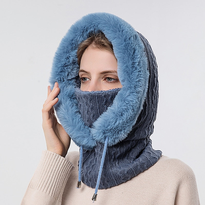 Ensemble de Bonnet et Masque en Fourrure Épaisse pour Femme, Bonnet Coupe-Vent, Bonnet Tricoté en Cachemire, Chaud, Hiver, Haute Qualité