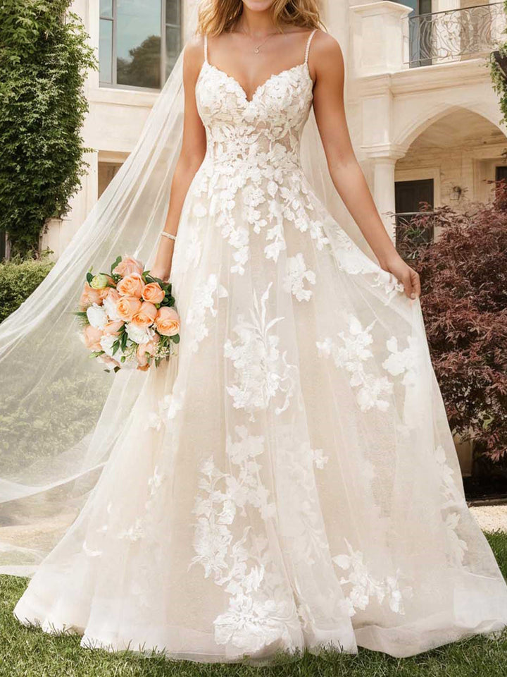 Robe de Mariée Longue Au Sol à Col en V et Coupe A-Line/Princesse