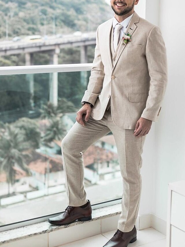 Costumes 3 Pièces en Lin à Coupe Ajustée pour Hommes, à Simple Boutonnage et à Deux Boutons