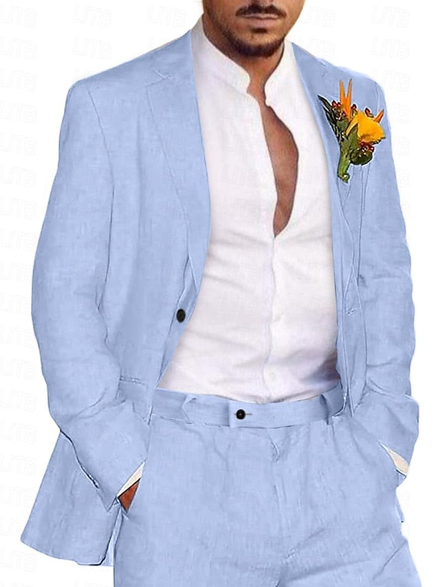 Costumes 2 Pièces en Lin de Couleur Unie à Simple Boutonnage et Deux Boutons pour Hommes, Coupe Ajustée