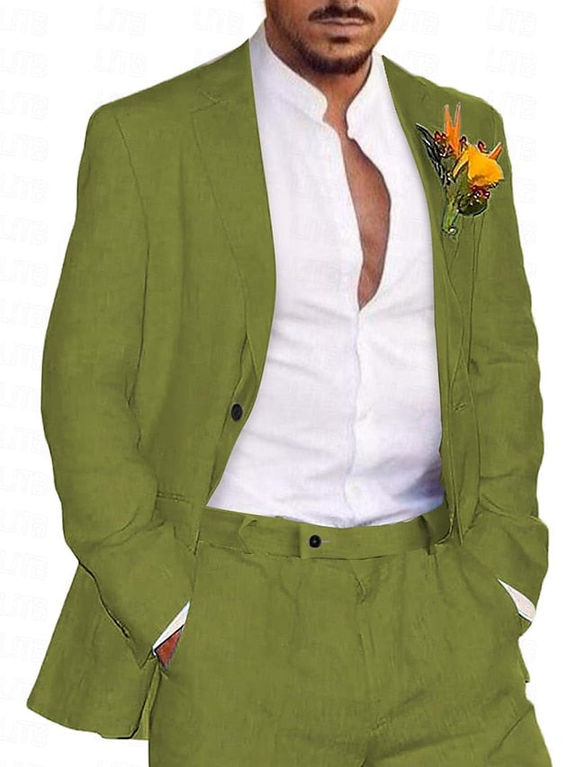 Costumes 2 Pièces en Lin de Couleur Unie à Simple Boutonnage et Deux Boutons pour Hommes, Coupe Ajustée