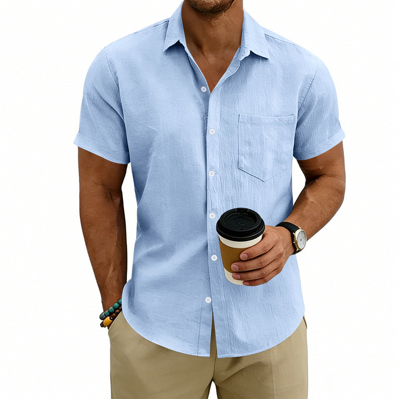 Chemise décontractée pour homme, manches courtes, unie, en Lin
