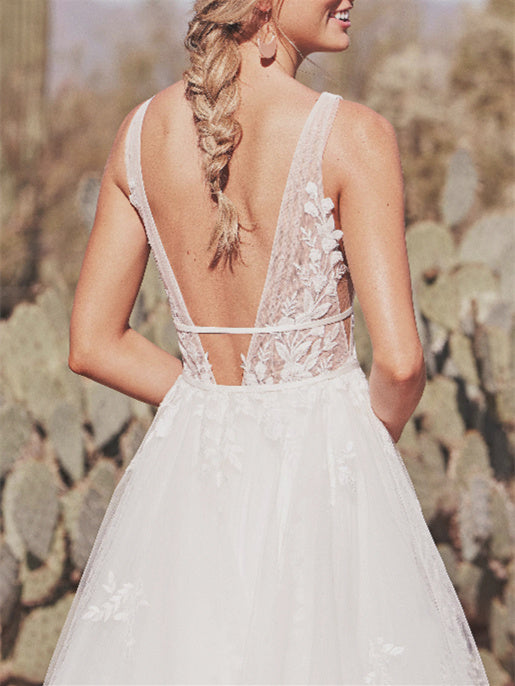 Robe de Mariée Longue Au Sol à Col en V et Coupe A-Line/Princesse