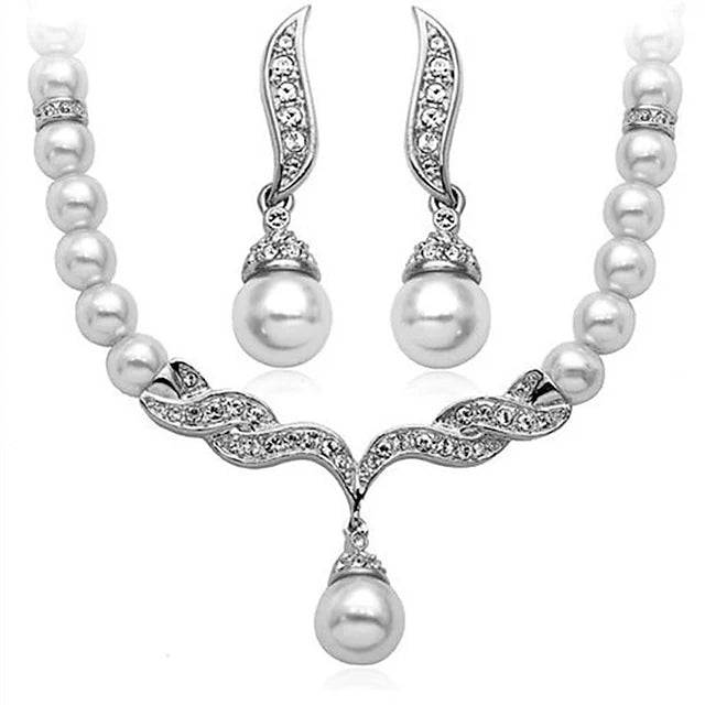 Ensemble de Bijoux de Mariée Style Vintage en Perle Imitée Blanche - Collier et Boucles d'Oreilles 2 Pièces