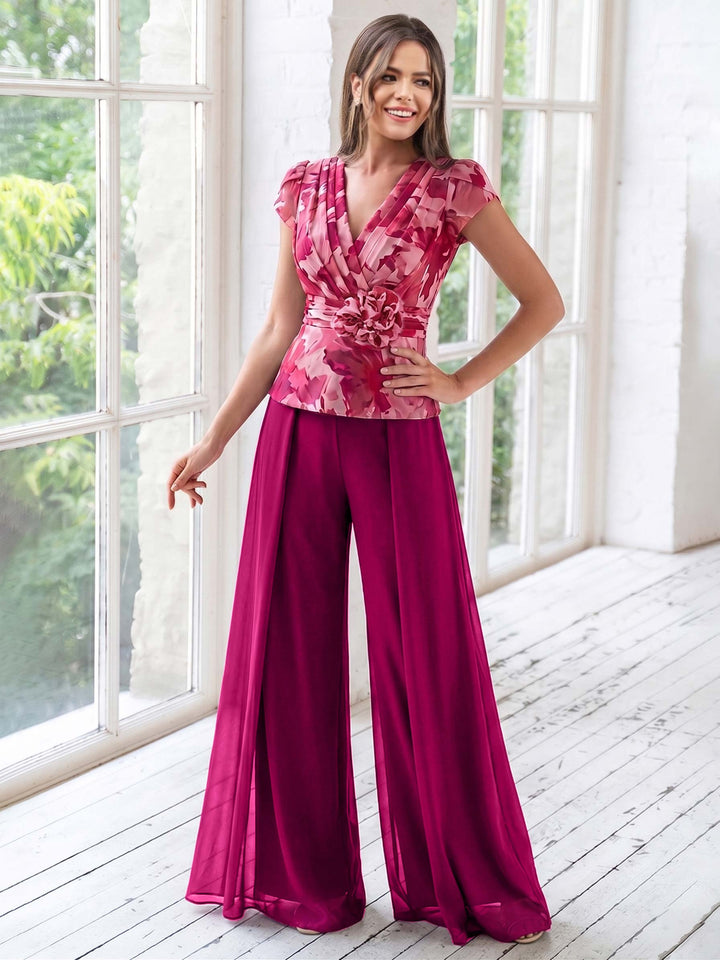 Ensemble Pantalon de Mère de la Mariée à Fleurs, Coupe A-Line/Princesse, Col en V, Manches Courtes, Longueur Au Sol, Motif Floral